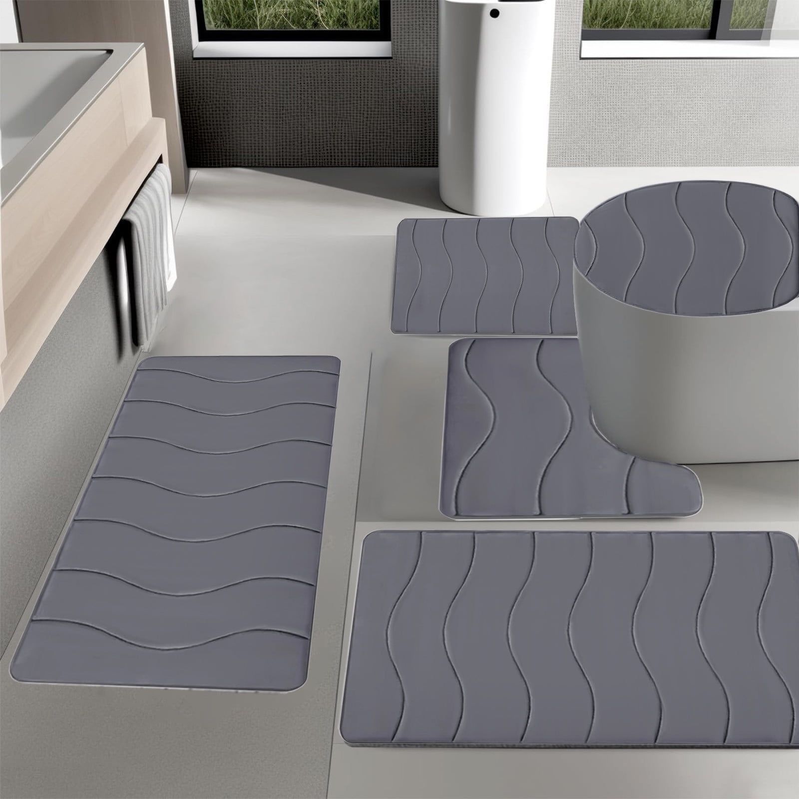 Outoloxit Bathroom Rugs Sets 3 Piece, Foam Bath Mat 5 Set Bathroom Rugs for 5 Pcs Toilet Mats Universal Soft Comfortable Water Absorption Non-Slip Thick Machine Washable Easier to Dry Dark