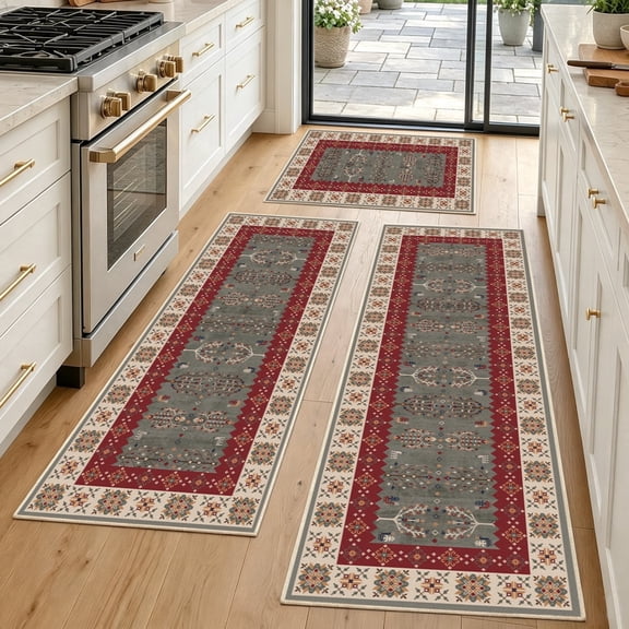 Kitchen Rugs, Yamaziot Farmhouse Kitchen Runner Rug Sets of 3, Non Skid Washable Vintage Persian Boho Kilim Tribal Carpet, Green