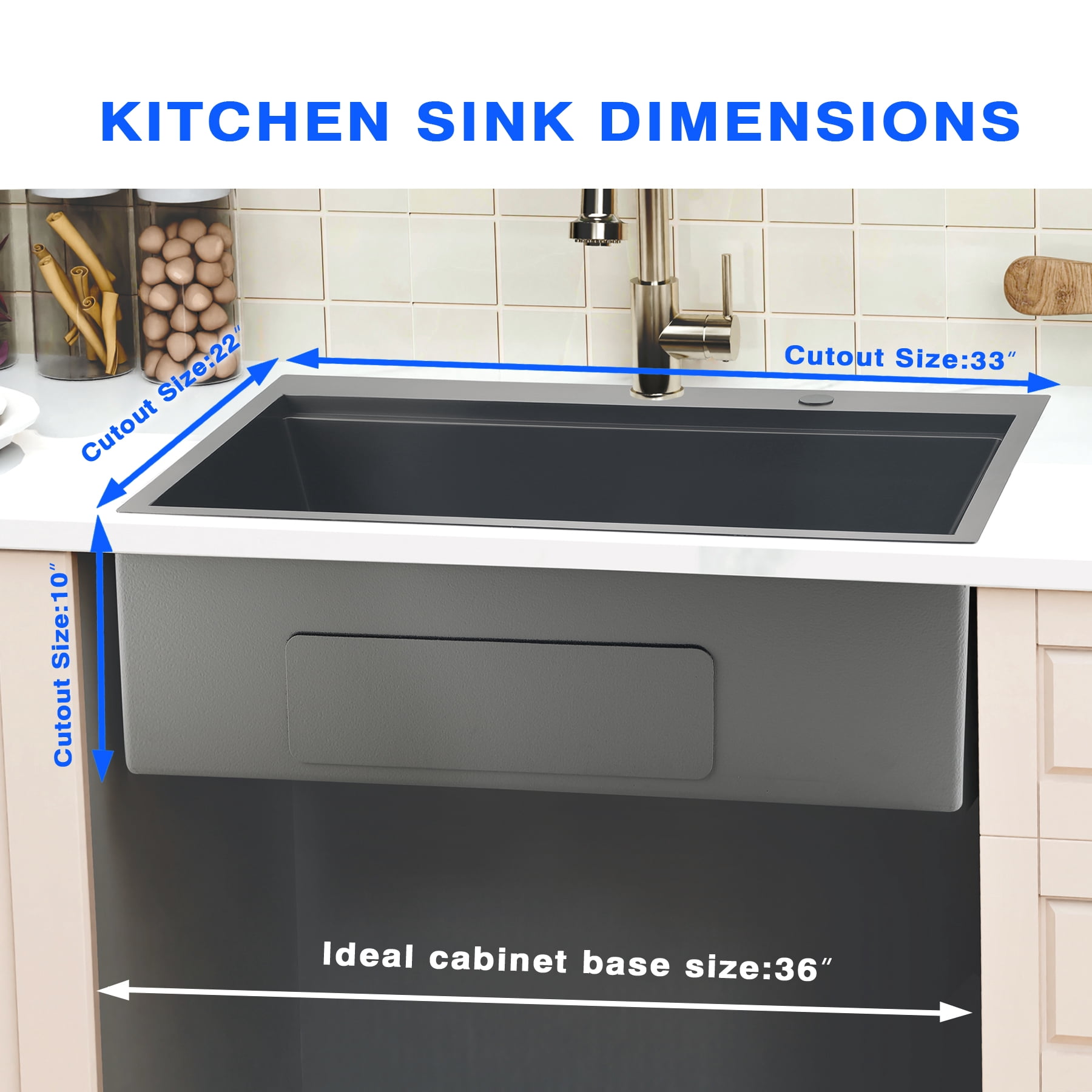VsusKoos Kitchen 33" Top-Mount Sink, 304 Stainless Steel Deep Basin, 16-Gauge Thickened, Includes Cutting Board/Drain Rack/Colander