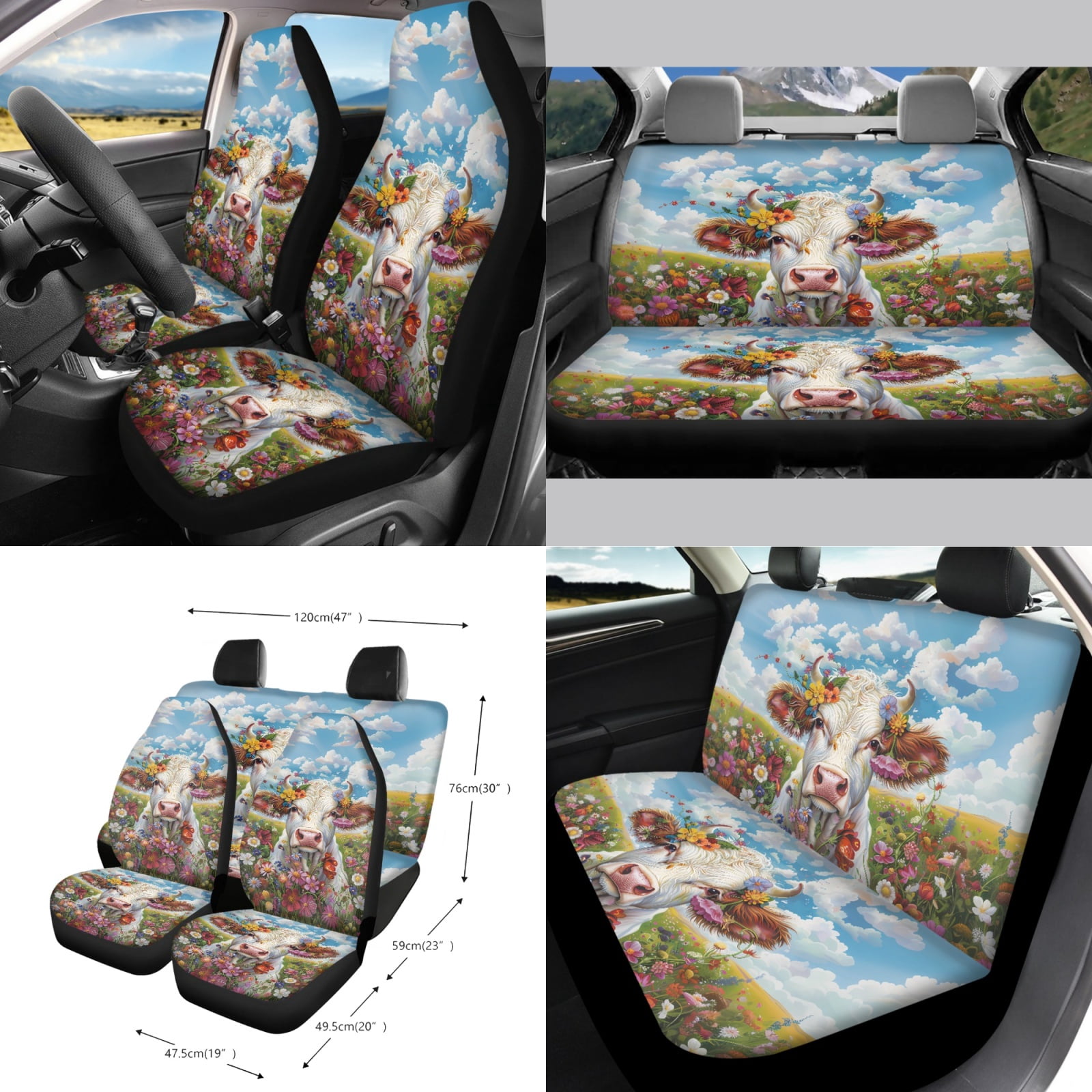 Garronmavis Aesthetic Flower Cow Universal Fit Car Seat Cover Full Set 15 Pieces Wristlet Strap 4 Pcs Seat Belt Car Trash Bag Car Pouch Organizer Interior Rearview Mirrors Protective Cover Cup Mats