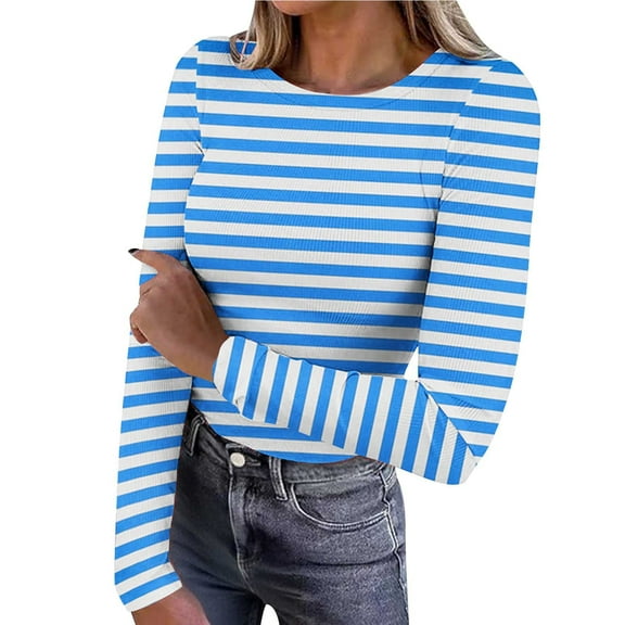 Women's Long Sleeve Shirts Crew Neck Rib Knit Slim Fit Tops Basic Tee Striped Fall Casual Underscrubs Layer T-Shirt Light Blue-1 M
