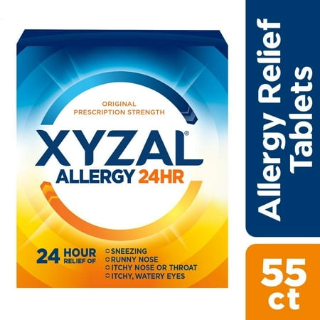 Xyzal Allergy 24 Hour, Allergy Tablet, 55 Count, All Day and Night Relief from Allergy Symptoms Including Sneezing, Runny Nose, Itchy Nose or Throat, Itchy, Watery