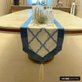 thumbnail image 4 of Decorative Blue Table Runner 6 Seater Table Runner (14 x 72 inch), Lattice & Tassels Table Runner, Satin fabric Table Linen, Geometric Pattern Modern Style - Adonia, 4 of 10