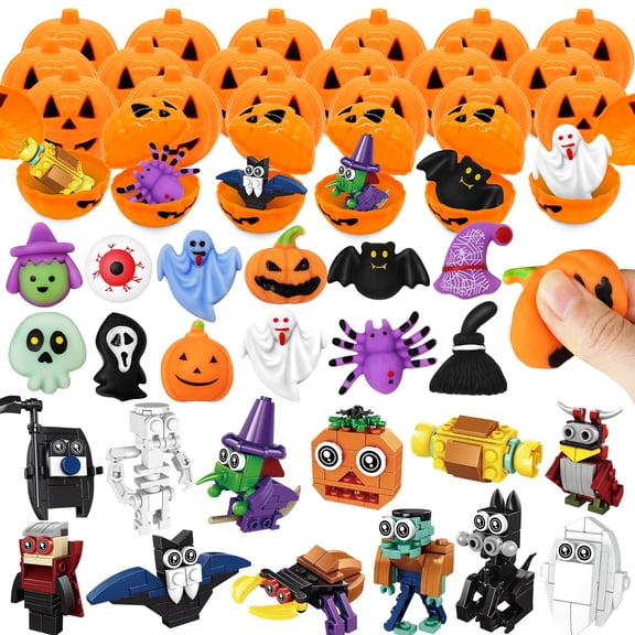 MOONTOY Halloween Party Favors, 48 Pumpkins with Squishy & Building Blocks 2-in-1 Building Toy for kids, DIY Halloween Goodie Bag Stuffers, Trick or Treat and Classroom Favors for Girls Boys Ages 3 
