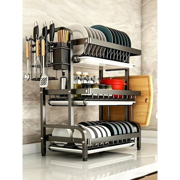 Multi-Functional Dish Drying Rack, Kitchen Countertop Dish Organizer, Storage Holder for Plates, Bowls, Utensils & Cutting Board