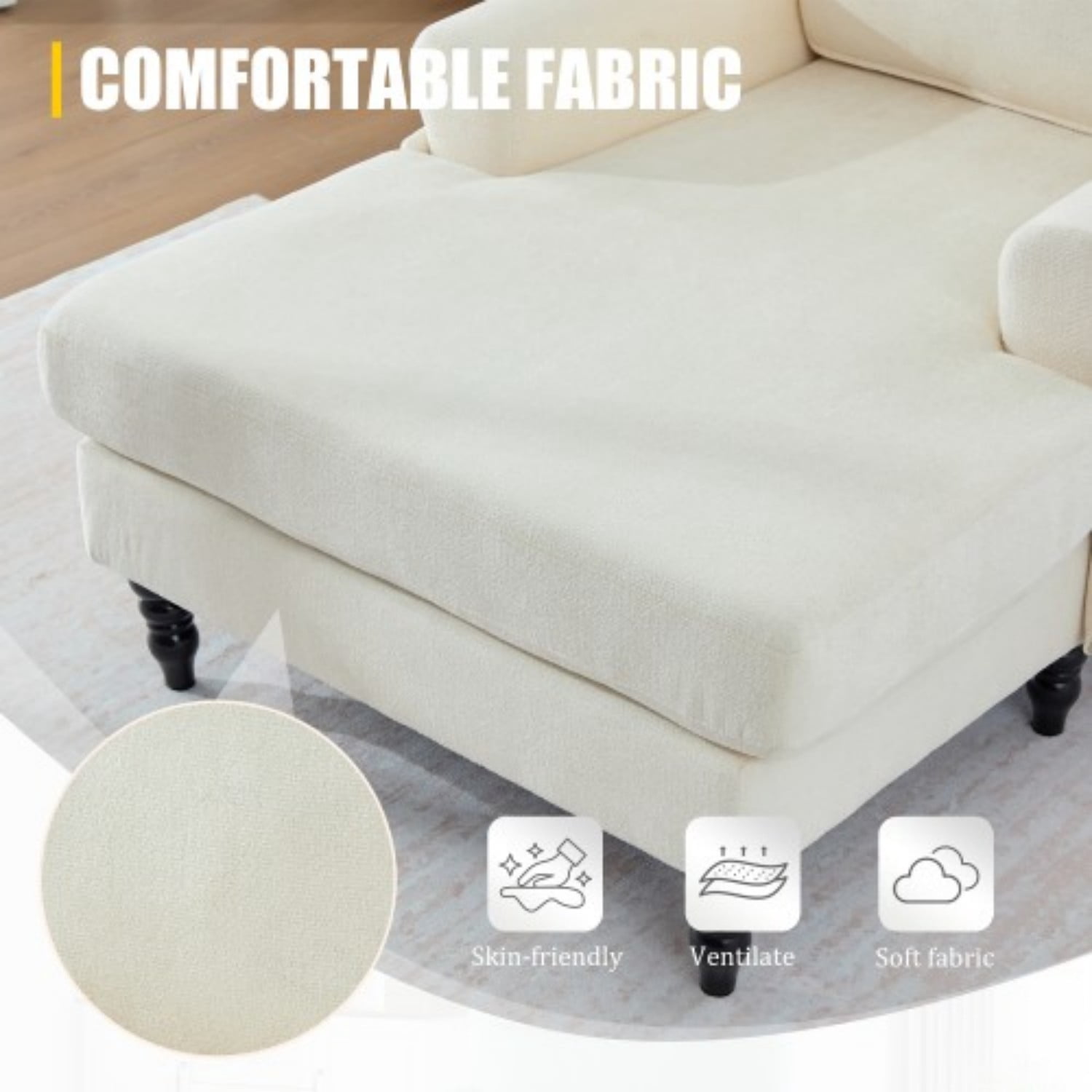 Chenille Chaise Lounge Chair, Oversized Upholstered Recliner Sofa with Wide Seat, High Density Foam Backrest, Solid Wood Legs & Side Pockets for Living Room, Bedroom, Office, Beige
