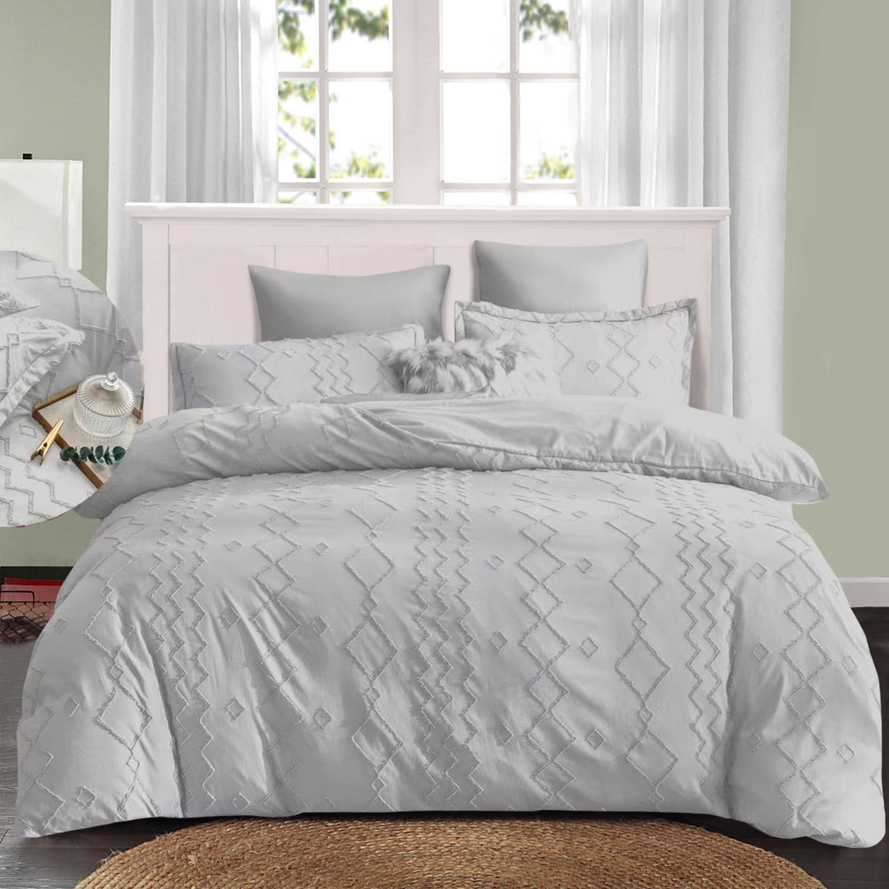 Shatex Tufted BedinABag Grey Comforter Queen Set 7 Piece All Season