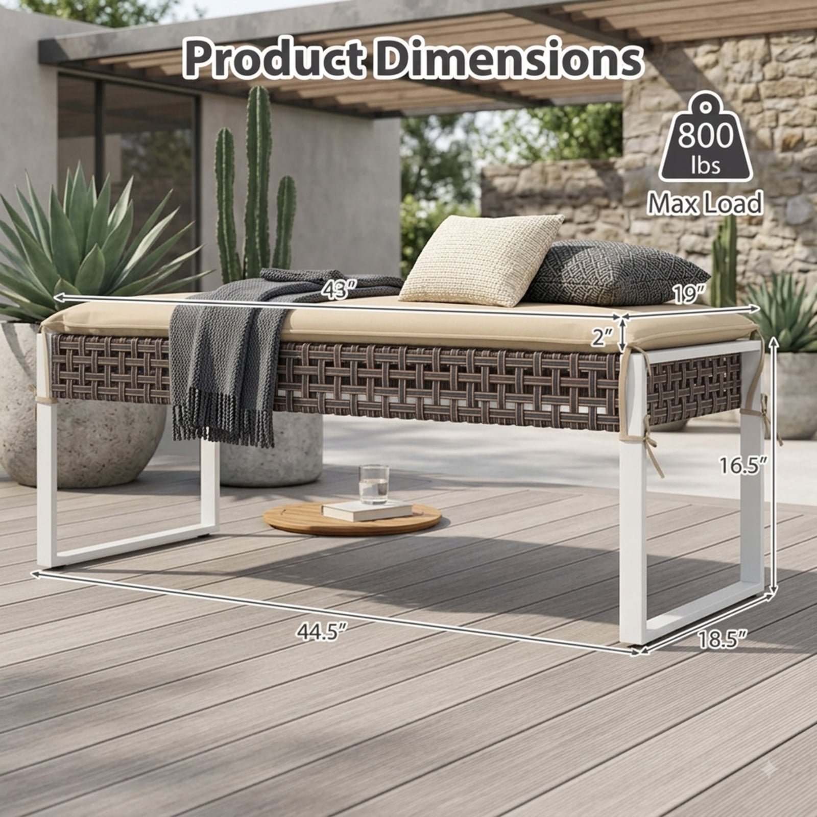 Furnibear 43 Inch Patio Rectangle Ottoman Set of 2, Outdoor PE Rattan Wicker Footrest with Metal Legs & Cushion for Backyard Poolside, 800 LBS, Beige