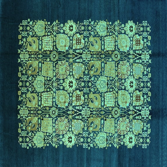 Ahgly Company Machine Washable Indoor Square Oriental Turquoise Blue Industrial Area Rugs, 4' Square
