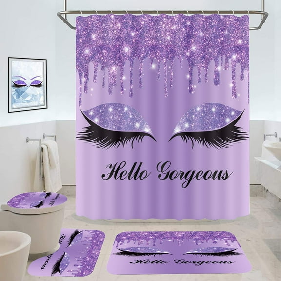 Purple Pretty Eyelash Shower Curtain Set, 4PCS Hello Gorgeous Luxury Glitter Bathroom Sets with Shower Curtain and Rugs, Toilet Lid Cover, Bath Mat and U Shaped Rug, 12 Hooks, SETLSGU7