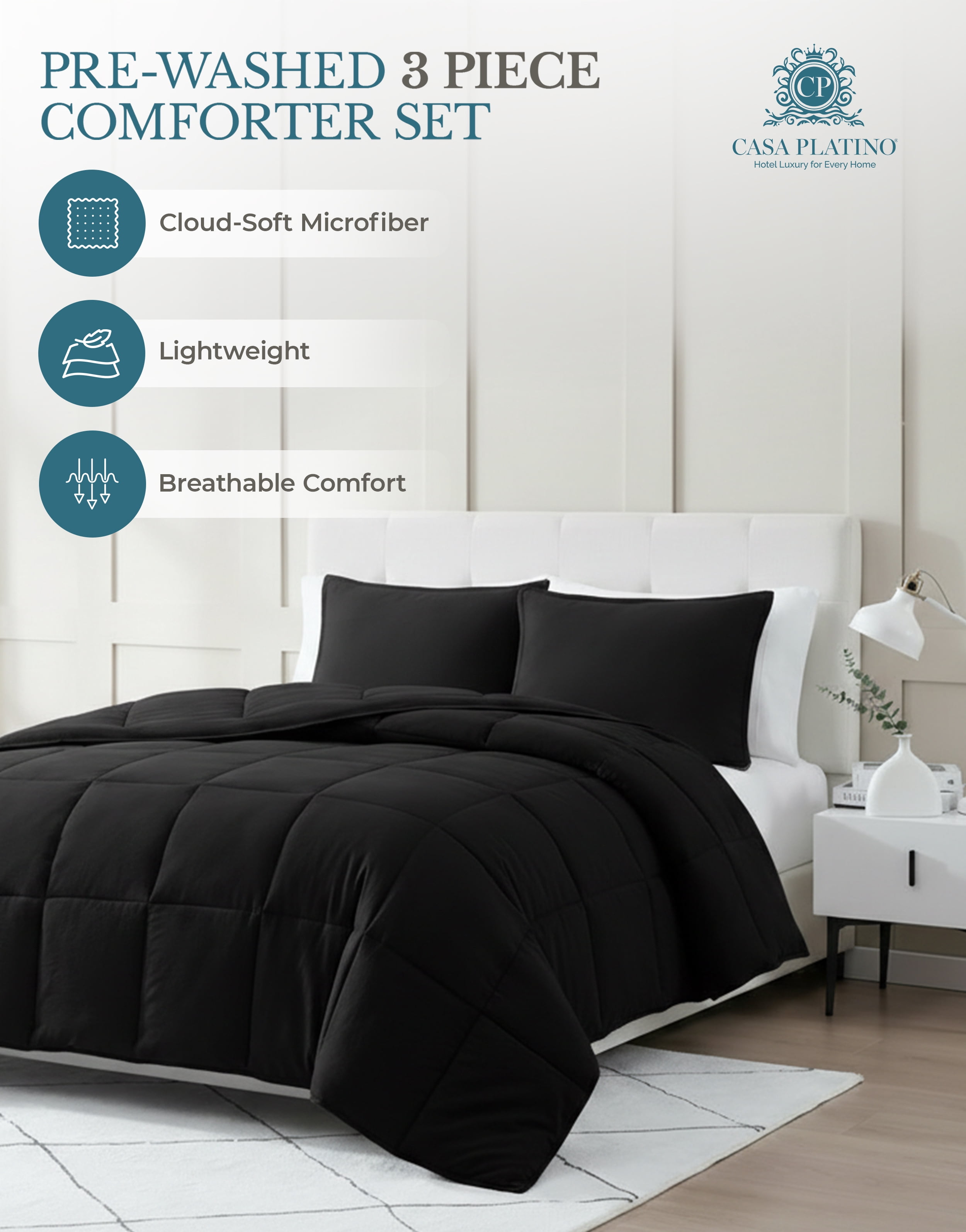 Casa Platino King Size Comforter Set - Duvet Insert King Size, Pre-Washed Ultra Soft, Breathable & Cozy, 100% Brushed Microfiber King Bed Comforter Set- Fade Resistant Comforter King Size Set - Black