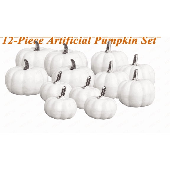 12 PCS Assorted Sizes Rustic Harvest White Artificial Fake Pumpkins for Halloween, Fall Thanksgiving Decorating Harvest Embellishing and Displaying