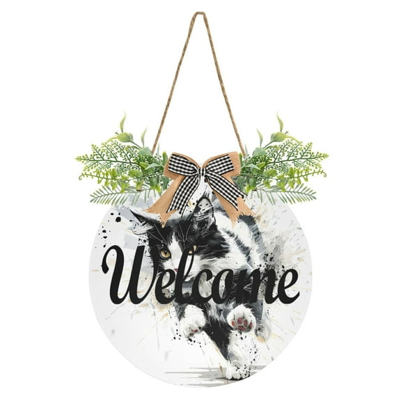 Black and White Cat Run Welcome Sign for Front Door Wreath Door Sign for Farmhouse Porch Decoration Indoor Outdoor