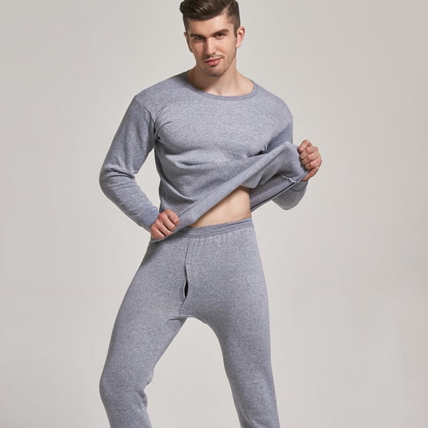 Ropa interior térmica de color sólido para hombre, cuello redondo, forro de terciopelo, ropa y pantalones de otoño engrosados