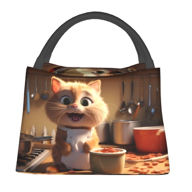 Fotbe Cartoon Cooking Cat Bolsa Térmica Portátil con Estampado, Bolsa de Entrega de Alimentos Aislada, Bolsa Reutilizable de Gran Capacidad para Comidas y Supermercado
