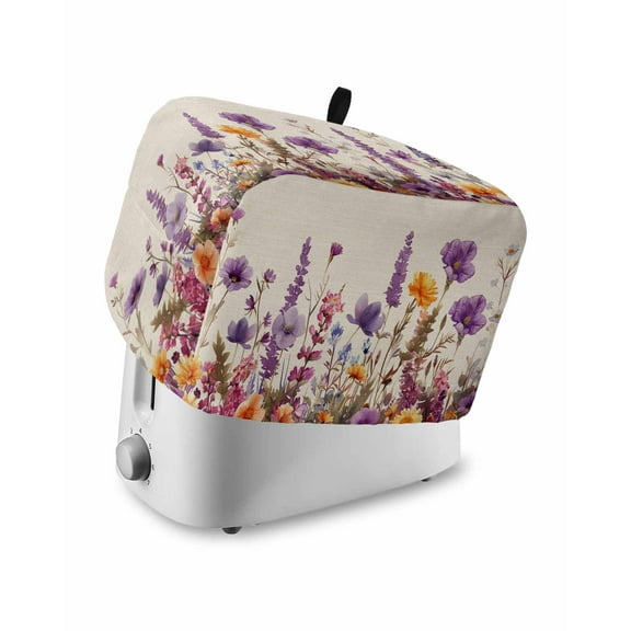 Purple Flower Toaster Cover 2 Slice, Vintage Plant Flowers Leaves Linen Texture Bread Maker Cover Toaster Dust Cover with Pockets, Dust-Proof Cover for Kitchen Small Appliance 12x7.5x8in