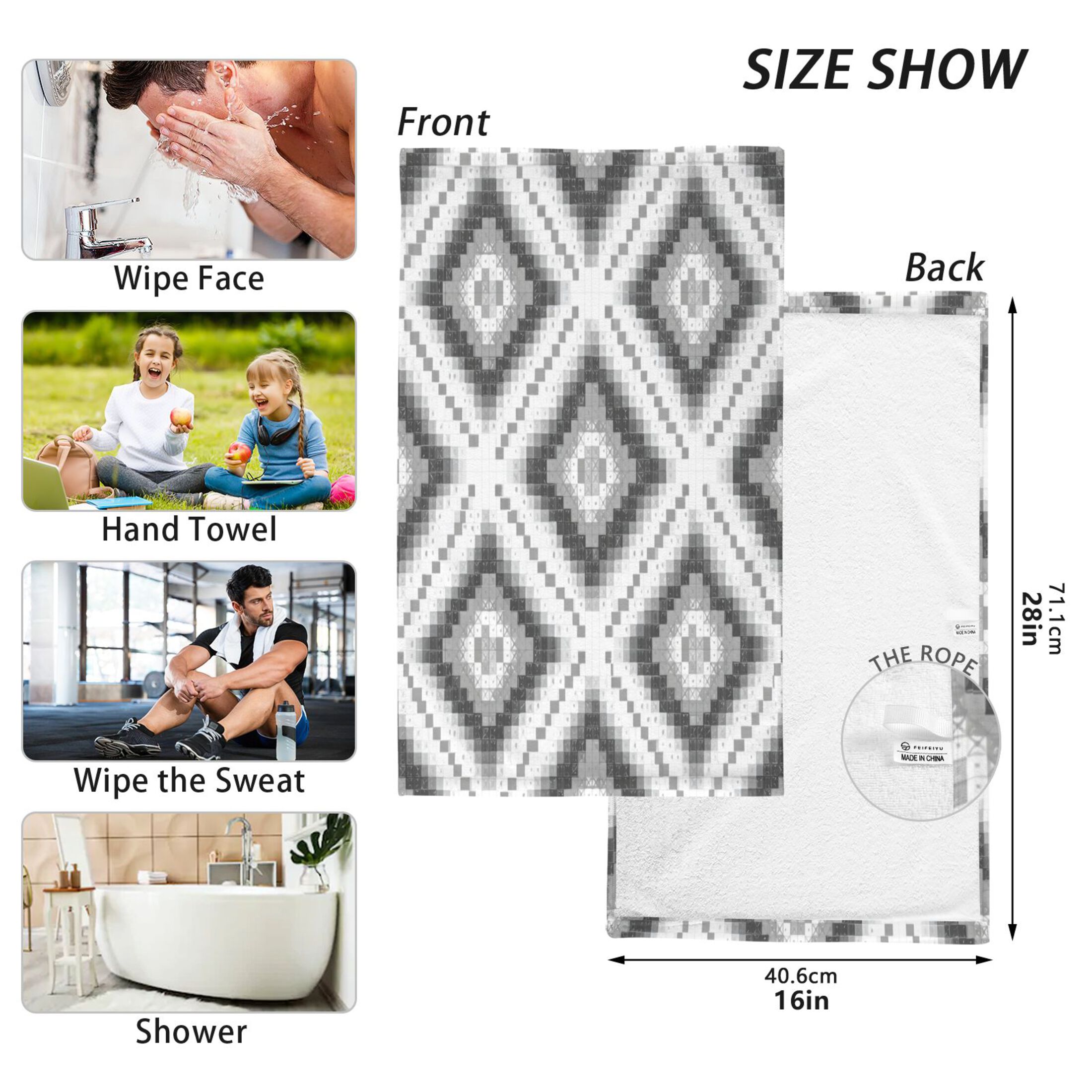 2 Pieces of Cotton Towel Face Towel Set Hand Towel Bath Towel Cotton Bath Towel Sets Black and White Pattern