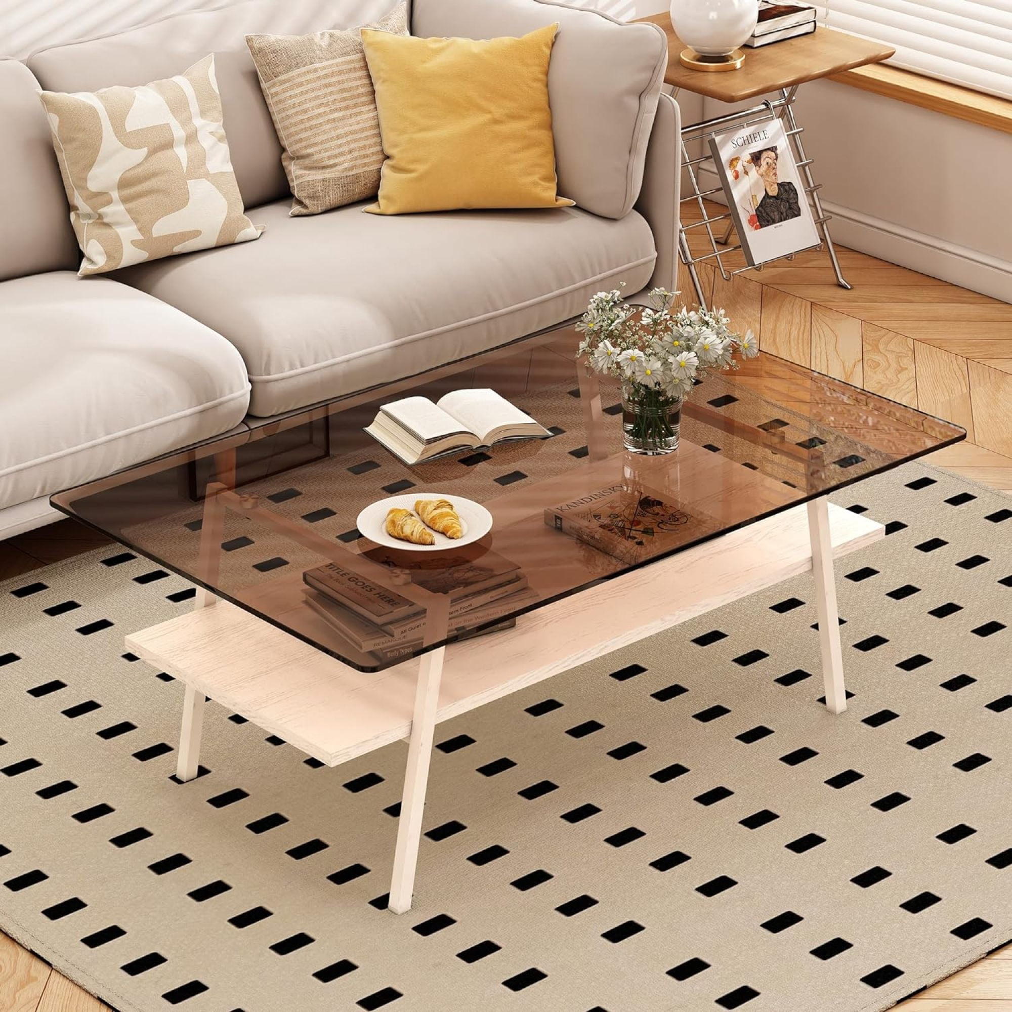 BJSN Glass Coffee Table for Living Room Small Gold Mid Century Coffee Table for Living Room with Wood Shelves (Black Frame, Transparent Glass   Brown Wood),Brown Glass   White Wood
