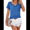 thumbnail image 3 of Tops con Escote en V y para Mujer, Camisetas de Verano, Camisetas Informales Lisas de Corta, Camisetas Azules L, 3 of 10