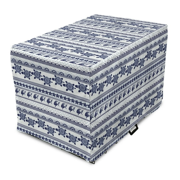 Underwater Dog Crate Cover, Ornamental Ethnic Style Starfish Tortoise Fishes Pattern with Stripes Cottage, Easy to Use Pet Kennel Cover Small Dogs Puppies Kittens, 7 Sizes, Indigo White, by Ambesonne