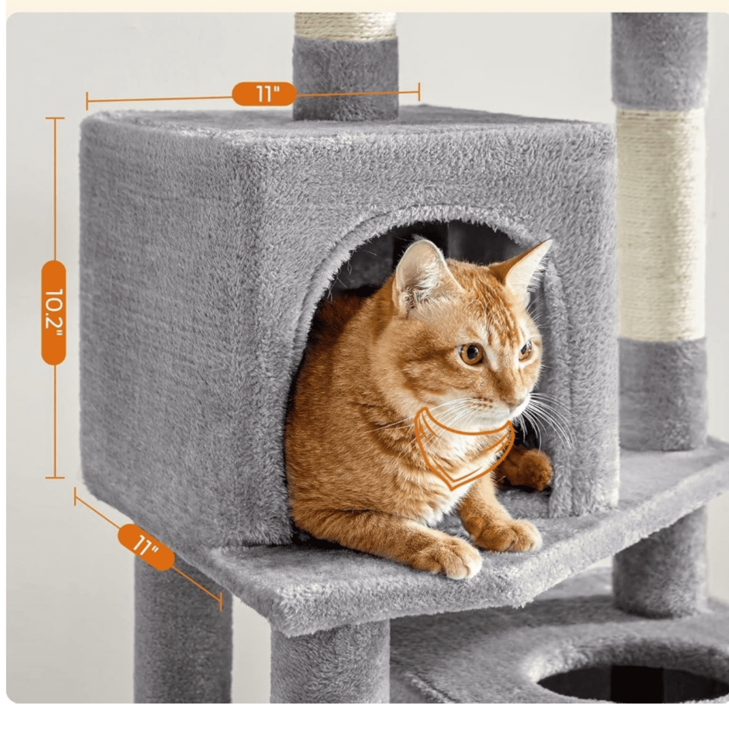 Cat Tree, 59.5-Inch Tall Cat Tower, Plush Multi-Level Condo with 5 Scratching Posts, 2 Perches, 2 Caves, Hammock, 2 Pompoms, Light Gray