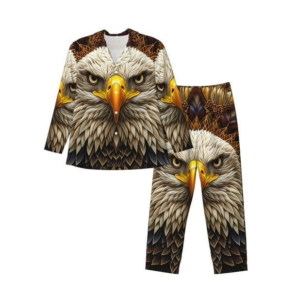 Fotbe Vintage Pattern Bald Eagle Pijama de Hombre con Estampado de Manga Larga, Conjunto de 2 Piezas, Ropa de Dormir Suave y Cómoda con Bolsillos-X-Large