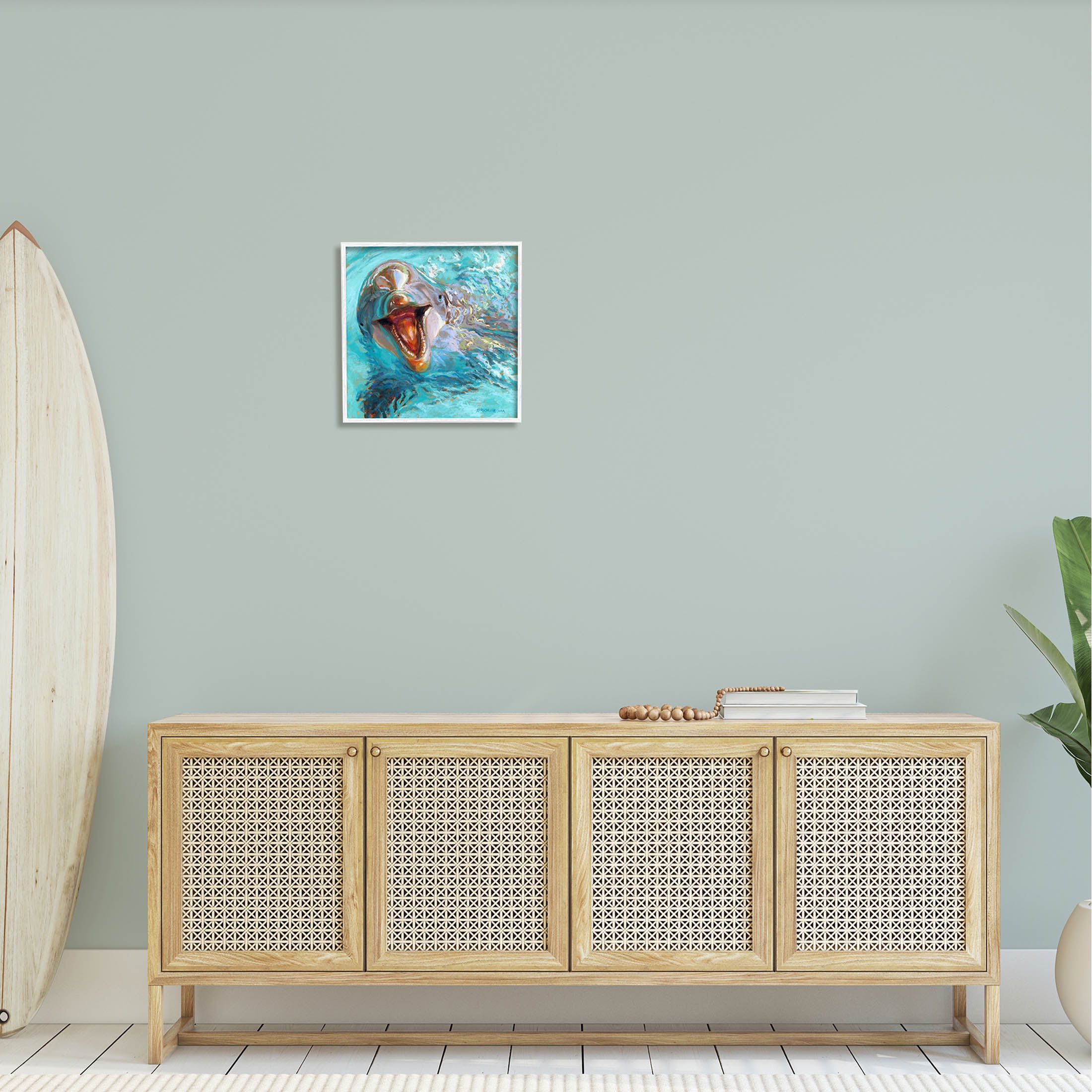 Smiling Dolphin Water Splash Animals & Insects Painting White Framed Art Print Wall Art