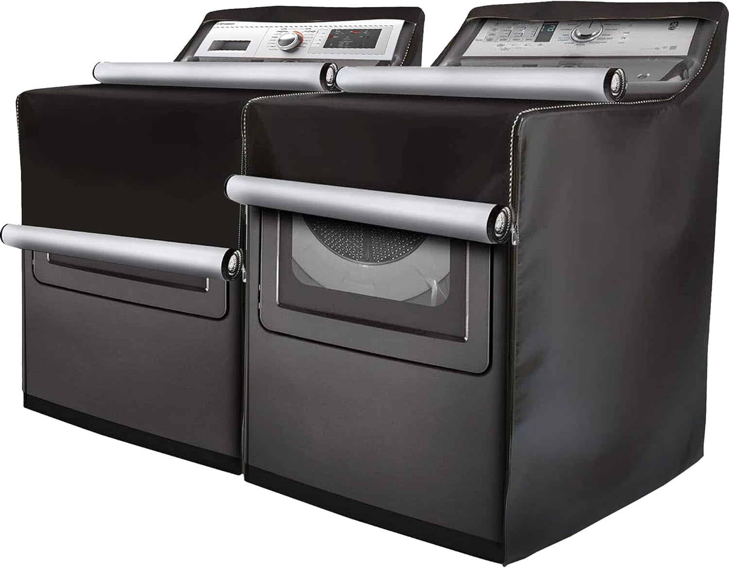 OhhGo 2 Pcs Washing Machine Cover, Waterproof Machine Protection Cover Dust-proof Moderately Sunscreen Washer Dryer Cover Fit for Front Load Washer Dryer, All Weather Protection, Black