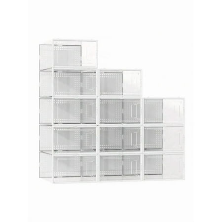 Secret Space 12 Pack Large Shoe Storage Organizer For Closet, Modular Space Saving Shoe Boxes Clear Plastic Stackable Containers Display Case Bins With Lids, Shoe Rack For Sneaker Storage, White