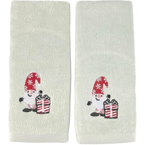 Serafina Home Winter Christmas Holiday Gnome Bath Hand FingertipTowel Set: Embroidered Light Grey Grey Towels with Present Gift, 100% Cotton, Set of 2