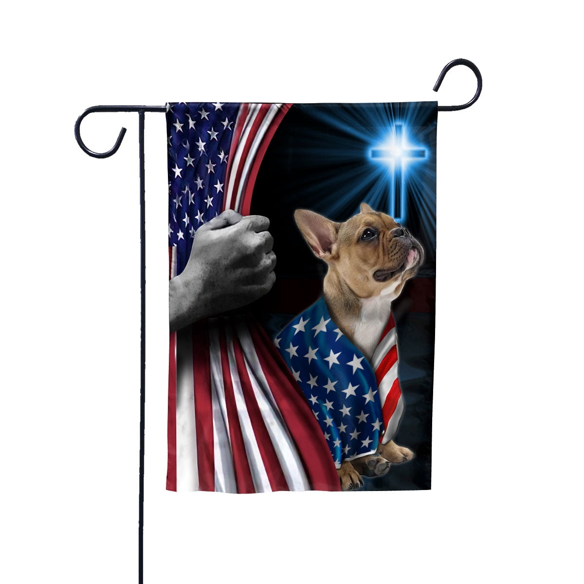 Hand Pulling USA Flag French Bulldog Dog Wearing Flag American Standing under Cross Christian Patriotic House Flag (3x5) Double Sided- Premium Polyester-Decorative Indoor Outdoor Flag