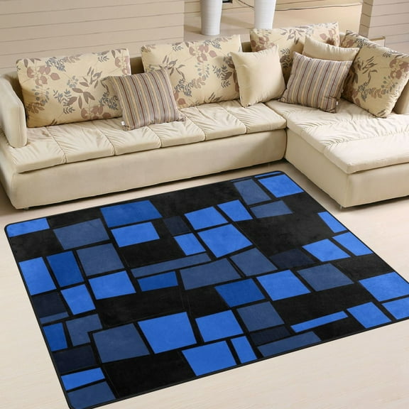Area Rug Indoor 80"x58"in Non-Slip Wear Resistant Floor Mats Soft Large Carpets for Living Room Bedroom Home Decor Black and Blue Blocks