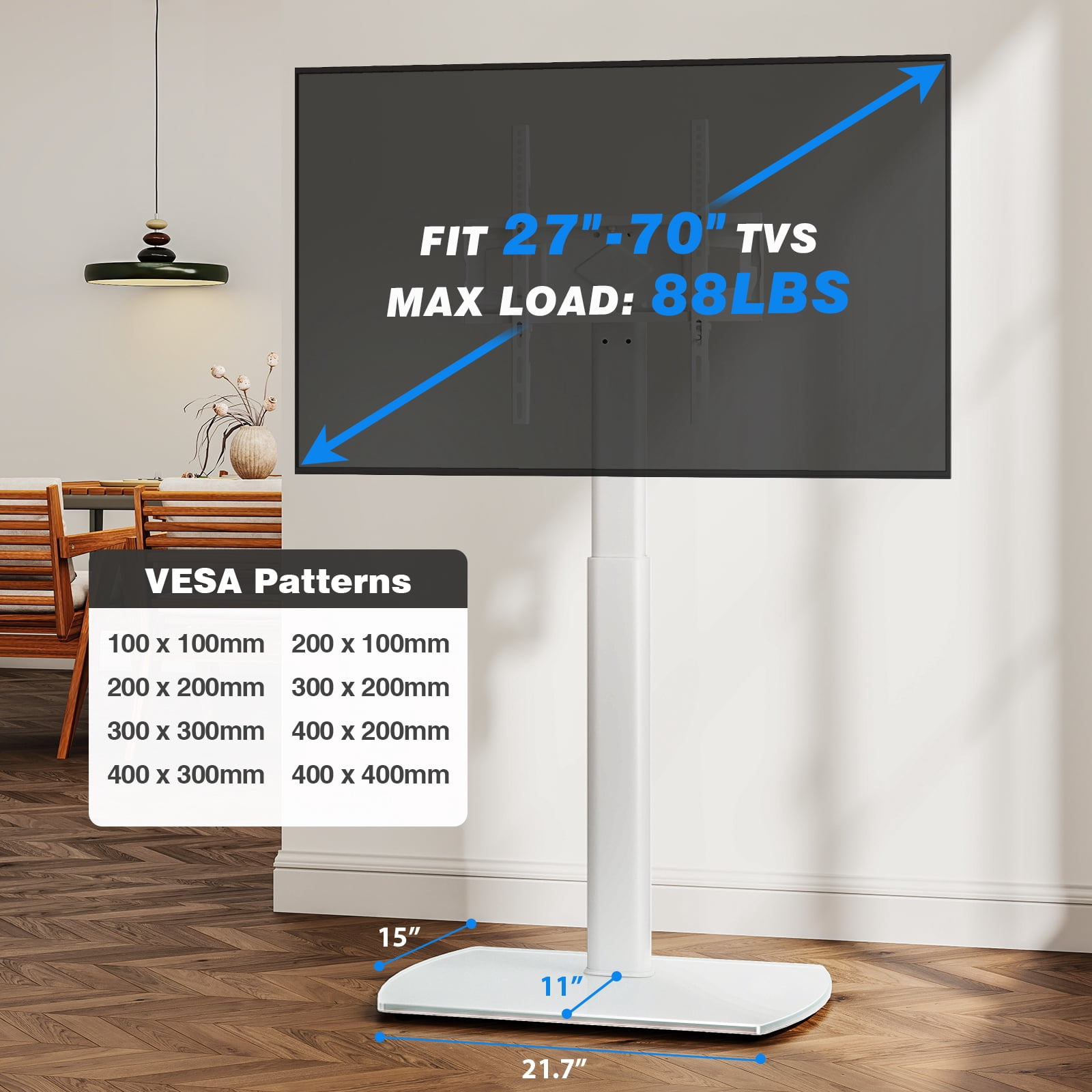 RTVR Modern Swivel Floor TV Stand for 27 to 70 inch Flat Curved Screens, Glass Base with Apple TV Roku Ultra Mount, White