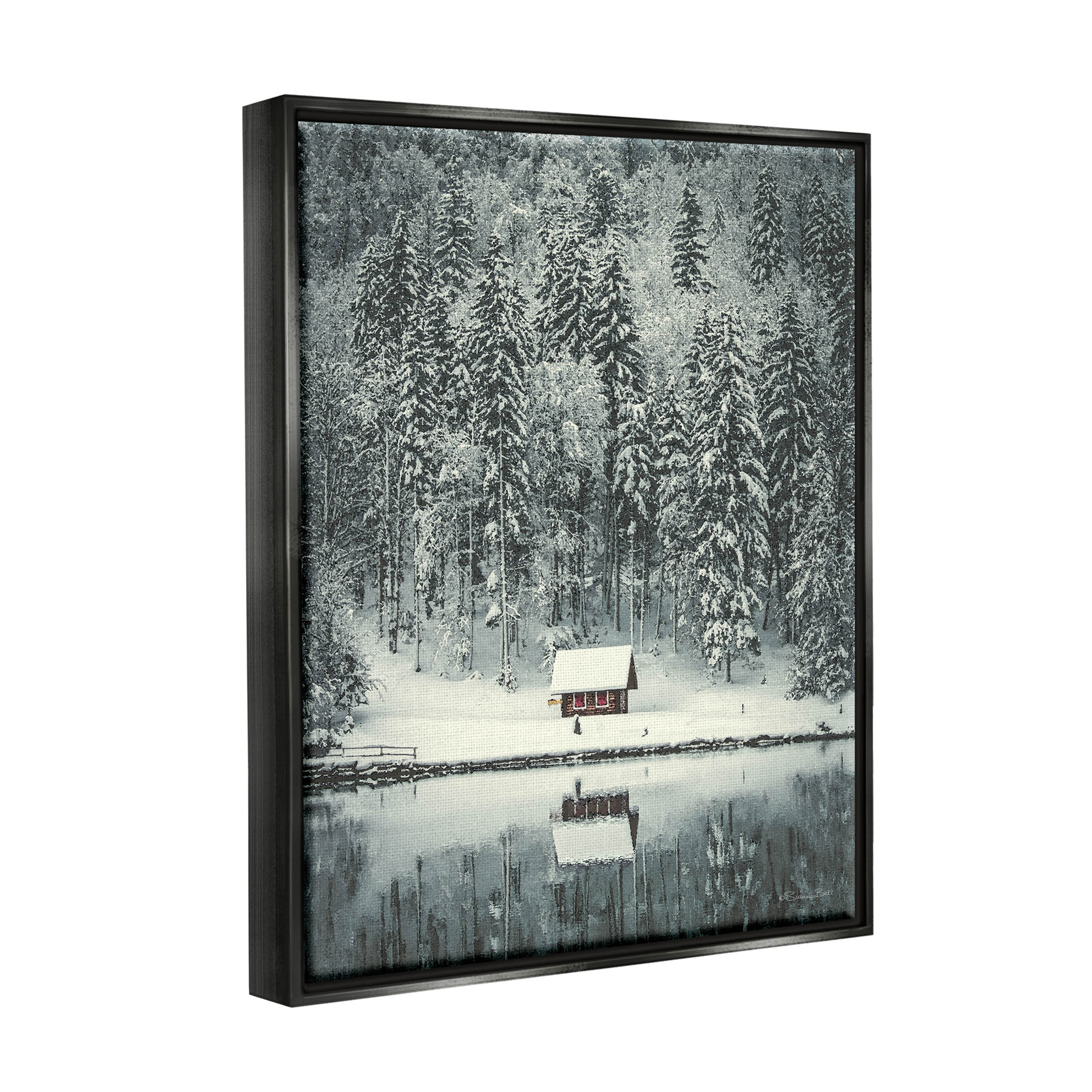 Snowy Woodland Hut Reflection Landscape Painting Jet Black Framed Art Print Wall Art