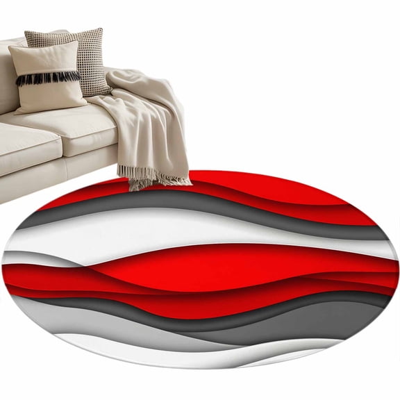 Red Grey Ombre Large Area Rugs for Bedroom Living Room, Soft Non Slip Carpet Bedside Rug, Abstract Modern Moire Art Geometric Round Floor Cover Kitchen Accent Rug 3.3' for Dining Room/Office