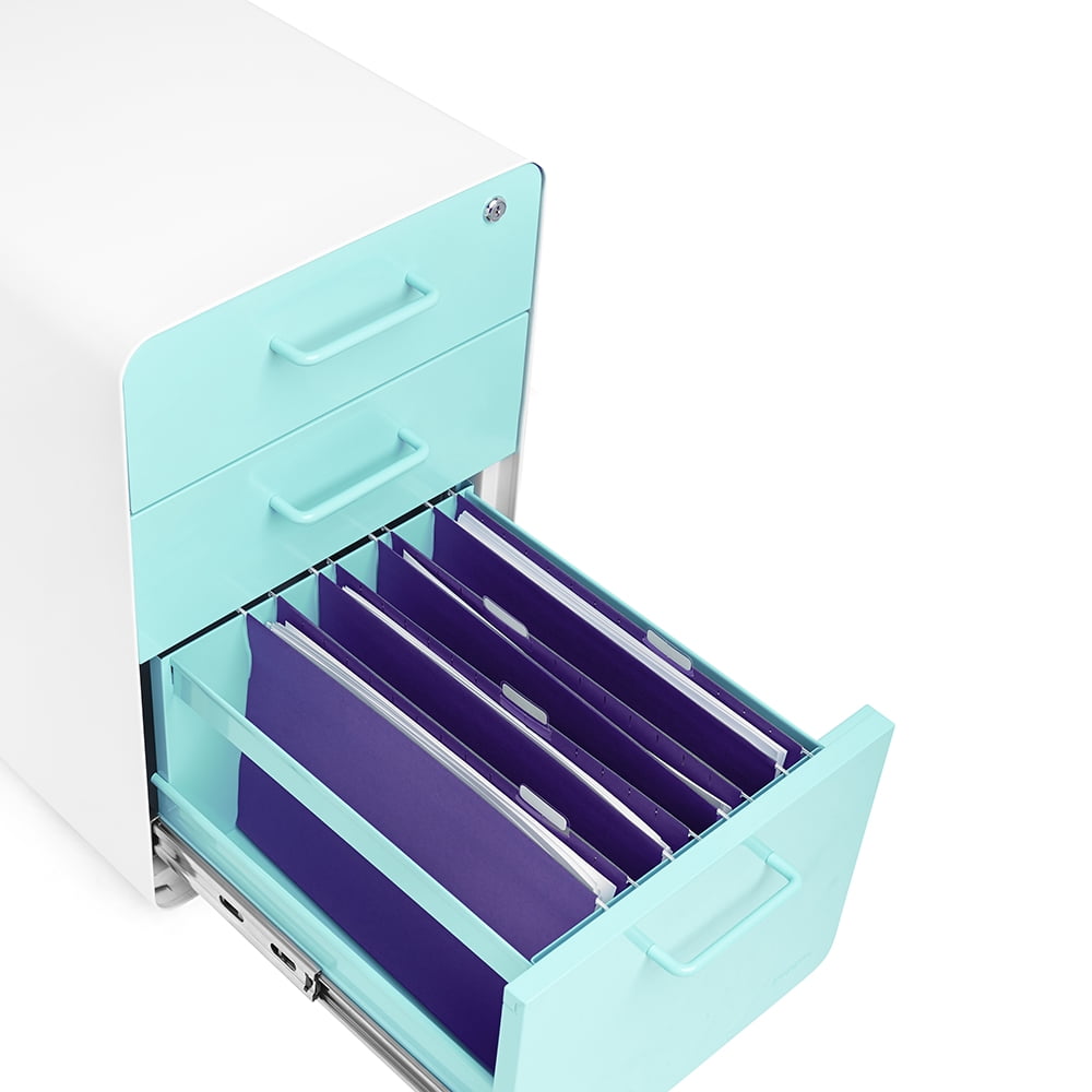 Poppin White + Aqua Stow 3-Drawer Vertical File Cabinet With Lock