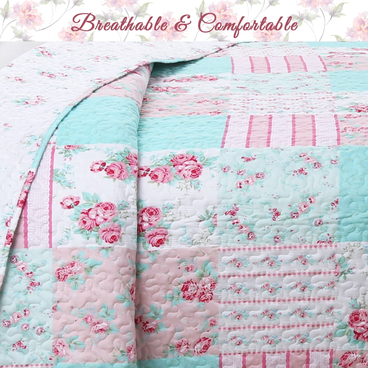 Cozy Line Pink Garden Floral Pink Blue Reversible 3-Piece Quilt Bedding Set, King Set