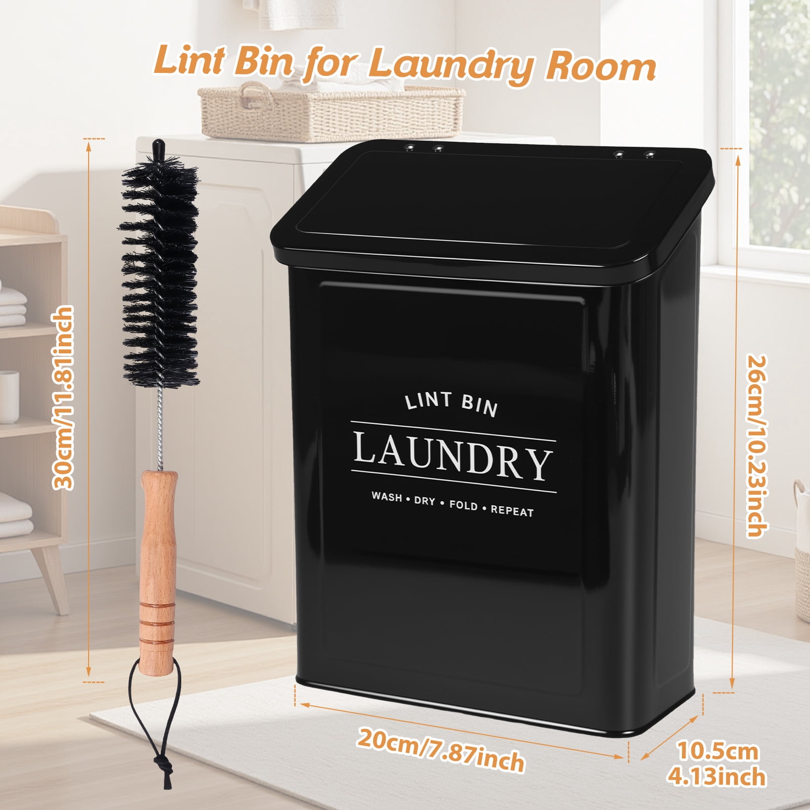 FUYGRCJ Magnetic Lint Bin for Laundry Room, Laundry Dryer Lint Bin, Metal Lint Container with Lid and Lint Brush, Wall Mounted Lint Holder Box for Dryer, Space-Saving Laundry Metal Trash Can