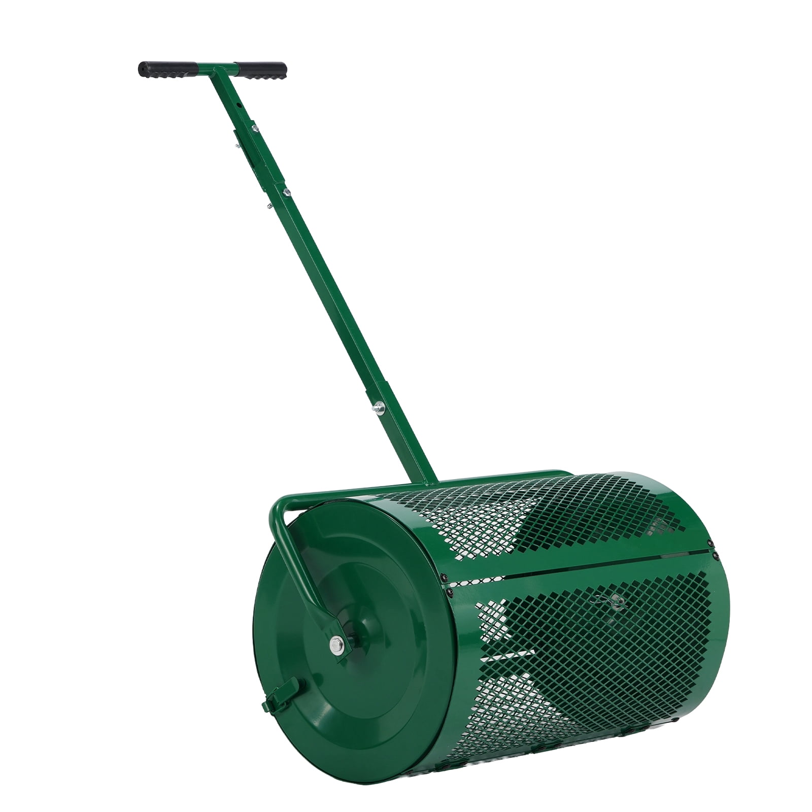 24In Adjustable Handle Compost Peat Moss Spreader Lawn Garden Topdressing Roller Powder Coated Steel Mesh Basket Side Latches Green Rustproof for Manure Topsoil Heavy Duty Outdoor Use Farm Backyard
