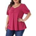 thumbnail image 4 of Agnes Orinda Women's Plus Size Tops Sweetheart Neck Puff Short Sleeve Pleated Shirts Summer Casual Blouses 2X Rose Red, 4 of 6