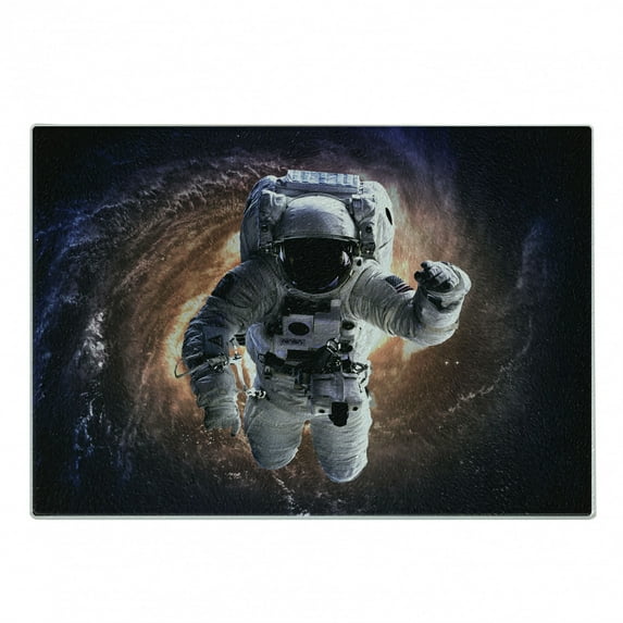 Galaxy Cutting Board, Astronaut in Outer Space with Andromeda Galaxy Fantasy Science Fiction Art Print, Decorative Tempered Glass Cutting and Serving Board, Small Size, Grey Orange, by Ambesonne