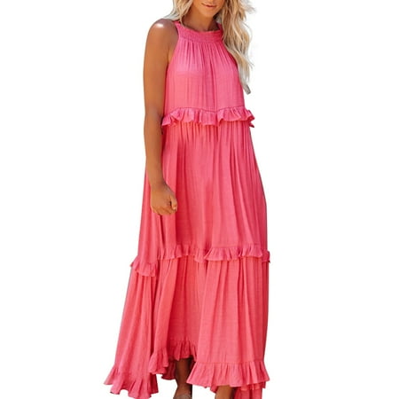 

ZHAGHMIN Womens Outfits Womens Summer Maxi Dress Halter Sleeveless Tiered Beach Dress Casual Loose Swing Boho Smocked Ruffle Sundress Short Maxi Dress For Women Casual Tunic Dress Maternity Dress Fo