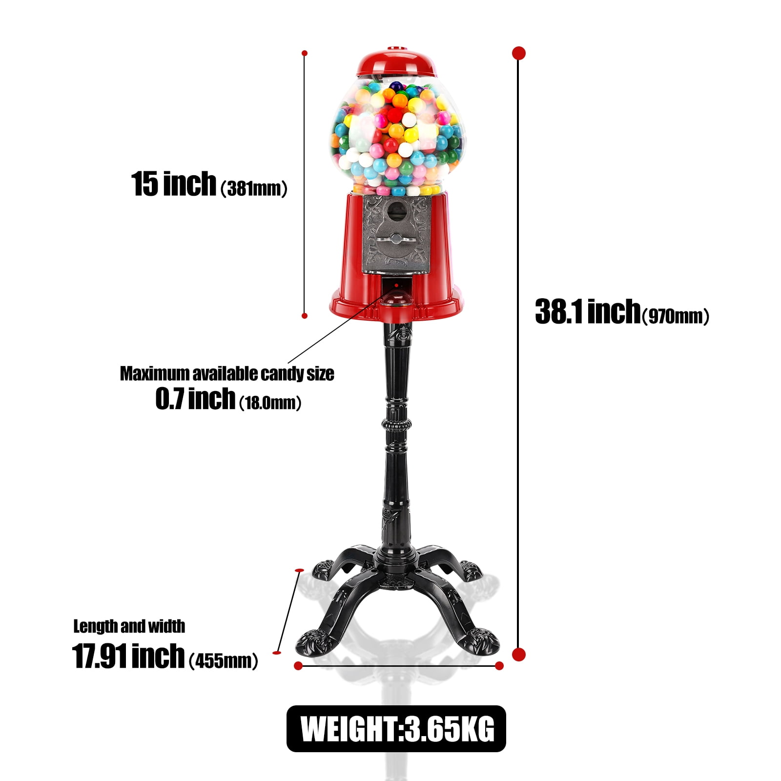 15 Inch Gumball Machine, Home Bubble Gum Candy Dispenser for Shop, Arcade, Family Gathering, Red