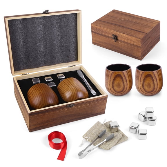 Yucurem Whiskey Glasses Gifts for Him, Wooden Whiskey Glasses Set with 12oz Wood Bourbon Glasses & Chilling Stones, Clip, Gift Box for Dad, Husband
