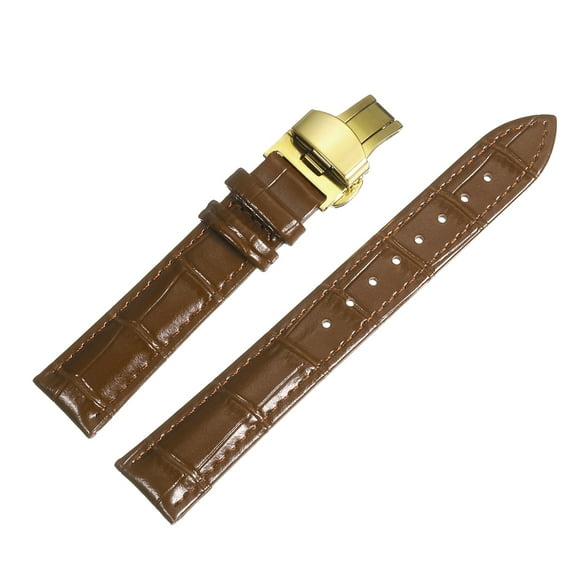 Brown Leather Watch Band 18mm Quick Release Genuine Strap with Gold Deployment Butterfly Buckle for Men & Women