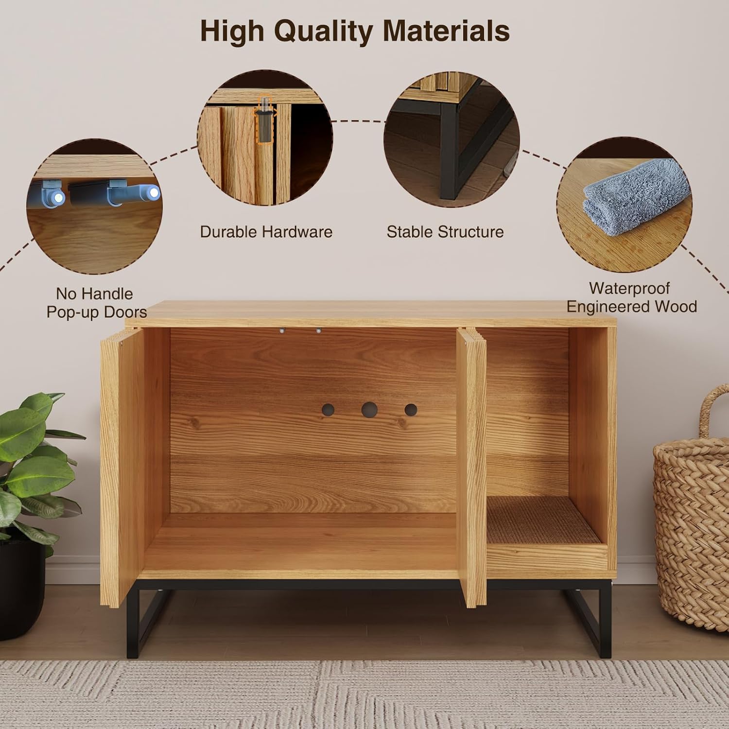 Vabches Hidden Cat Litter Box Enclosure Furniture, Multi-Functional Cat Washroom Bench with Cat Scratching Pad and Fluted Doors
