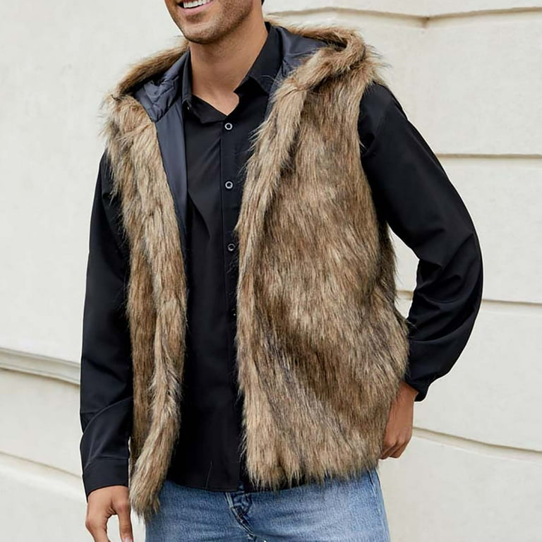 Olyvenn Men's Warm Faux Fur Hooded Waistcoat Short Vest Jacket