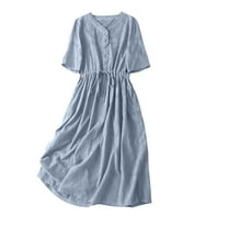 Cxenplz Linen Dresses for Women Summer Long Dresses Maxi Dress Short Sleeve Button Up Sundresses Boho Beach Outfits Ladies Fashion Henley V-Neck Peplum Drawstring A-Line Dress