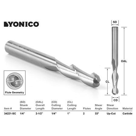 

Yonico CNC Router Bit Ball Nose Solid Carbide 1/4 X 1 X 1/4 X 2-1/2 34221-SC