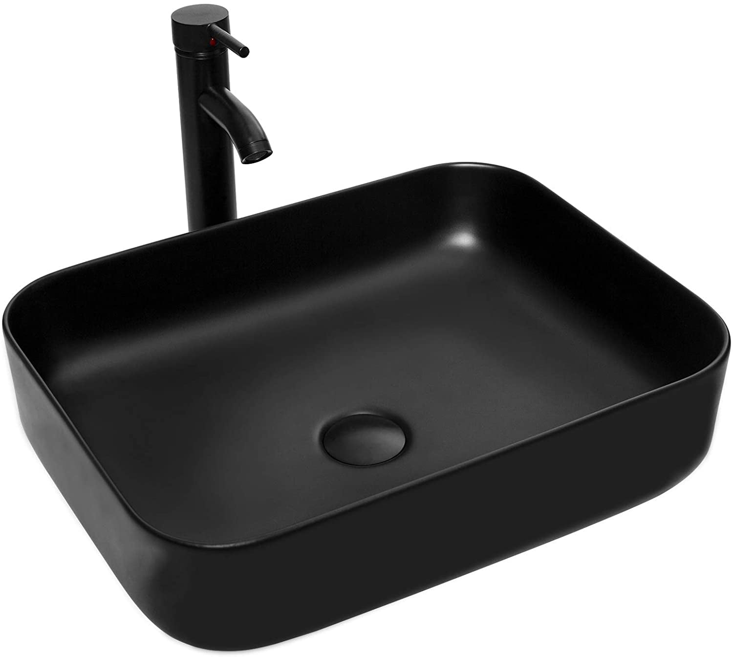 Large Matte Black Oval Vessel Sink – Ceramic Bathroom Sink With Pop-Up Drain – Modern Boat Shape